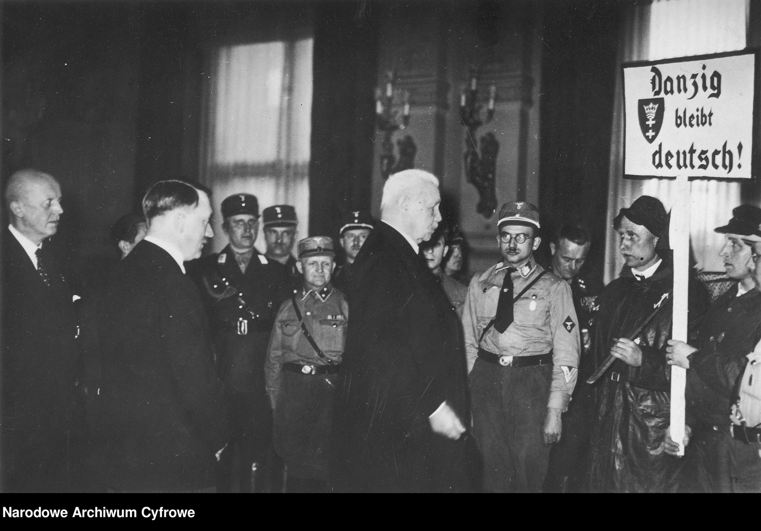 President Paul von Hindenburg with Reich Chancellor Adolf Hitler and Secretary of State Hans Lammers welcome the delegation from the Free City of Gdańsk